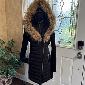 Calvin Klein Black Puffer Coat with Fur Trim